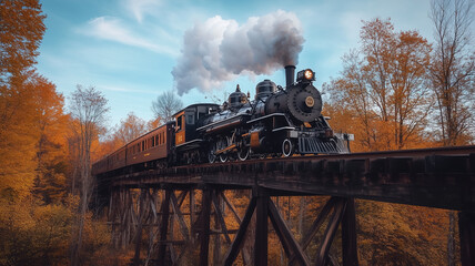 Vintage Steam Train on Autumn Bridge Through Woods