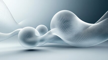 Abstract 3D rendering of flowing, interconnected spheres and waves in shades of gray and white.
