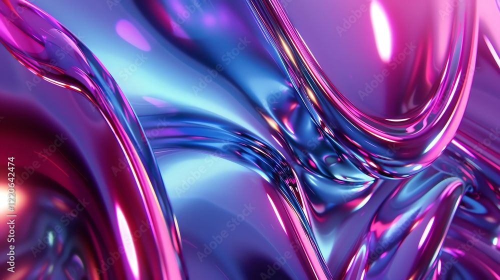 Poster a 3d rendering of flowing, iridescent ribbons in blue and purple, creating a dynamic and abstract vi