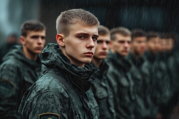 Obraz premium Group of soldiers standing in formation observing a distant point during a rainy day
