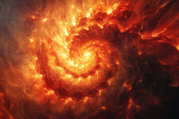 Fiery spiral nebula, swirling inferno of intense orange and red hues, cosmic firestorm.