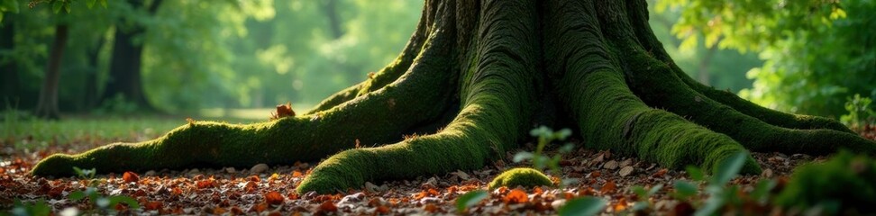 Forest floor wraps around majestic oak's roots, ancient tree, moss, wild
