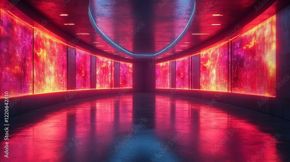 Poster a futuristic hallway illuminated with vibrant red and pink light panels creating an immersive and dy