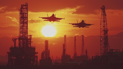 Fighter jets patrol desert oil rigs during breathtaking sunset over resource-rich landscape