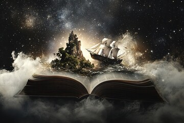 A majestic ship emerging from an open book, a magical fantasy scene.