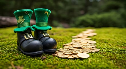 A pair of leprechaun boots sitting beside a trail of golden coins on mossy ground, Ai Generated