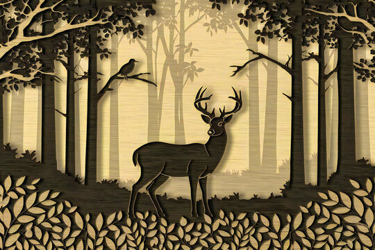 a nature-inspired Image showcasing a tranquil forest scene with deer and birds. engraved, laser-cut lines