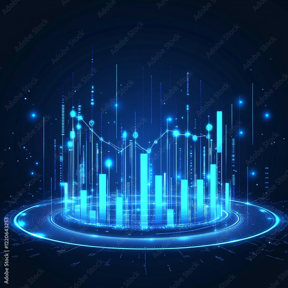 Poster Futuristic digital data visualization with glowing blue bars and abstract circular grid. Business background