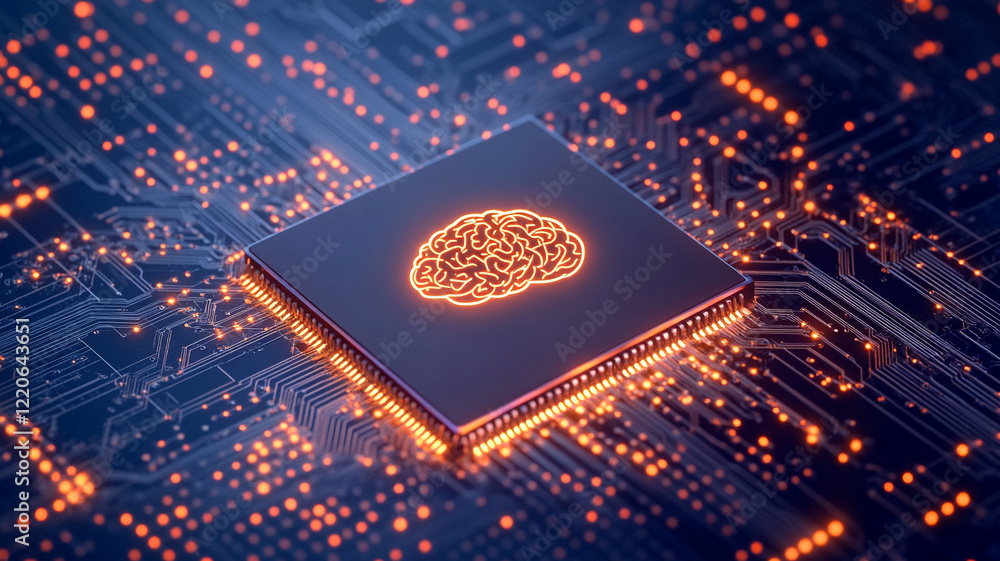 Poster glowing brain microchip artificial intelligence and technological advancement