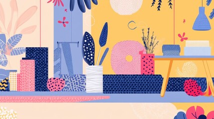 Abstract Colorful Room Interior Design Featuring Plants and Patterns