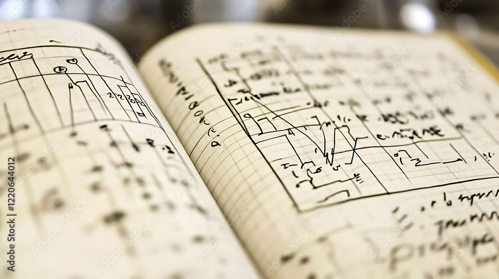 Poster closeup of an open notebook filled with handdrawn graphs, charts, and equations. ideal for illustrat