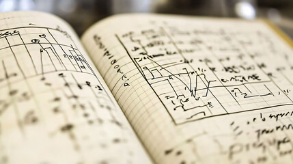 Closeup of an open notebook filled with handdrawn graphs, charts, and equations.  Ideal for illustrating concepts of data analysis, research, problemsolving, or scientific discovery.