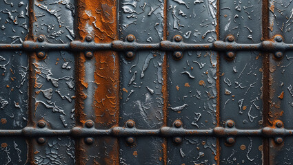 Rusty metal plates held together by rivets creating a textured surface