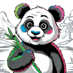 Obraz premium A cheerful cartoon panda with colorful, patchy fur in neon hues, holding a bamboo stick, illustrated with intricate details and shading