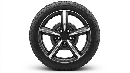 Obraz premium Close-up view of a black round car tire mounted on an alloy wheel against a white background