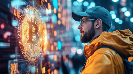 man wearing cap and glasses observes glowing Bitcoin hologram on futuristic digital interface, surrounded by vibrant data streams and cityscape background