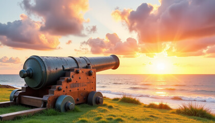 Historic cannon overlooking ocean at sunset, nostalgia and tranquility