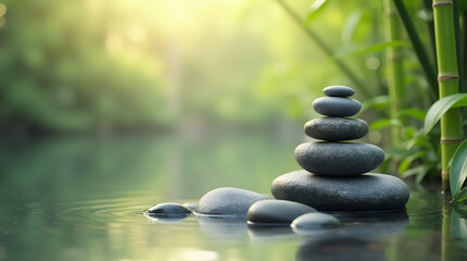 Fototapeta premium Zen Stones Balanced with Bamboo Sticks on Tranquil Water Surface, Minimalist Meditation Concept