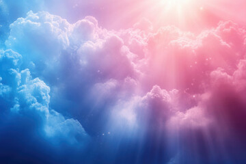 A breathtaking celestial scene: vibrant pink and blue clouds illuminated by divine light, speckled...