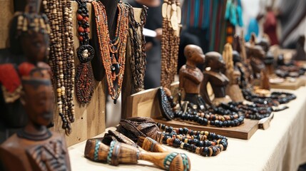 An African booth with jewelry carvings and accessories
