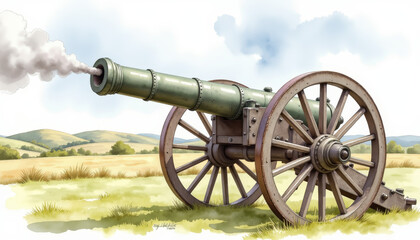 Historic cannon emitting smoke in open field, military symbolism