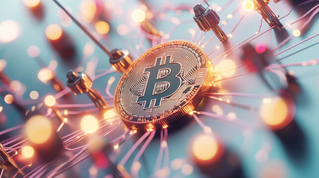 glowing Bitcoin symbol surrounded by interconnected digital nodes, representing blockchain technology and cryptocurrency security