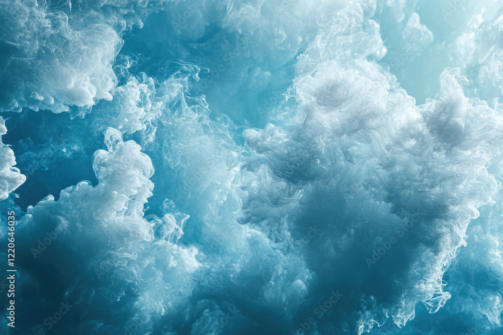 Poster abstract image of swirling white and blue ink clouds creating a dreamy, ethereal atmosphere.