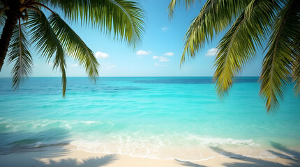 Tropical Beach with Palm Trees Framing Turquoise Waves and White Sand, Paradise Island Concept