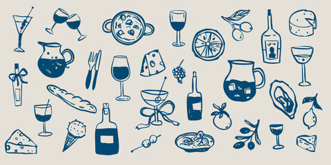 Italian French food restaurant doodle sketch collection. Vacation summer party set. La dolce vita whimsical style.
