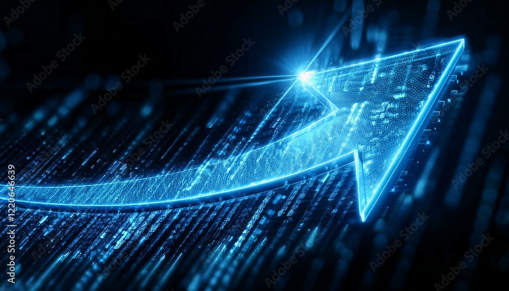 Poster glowing arrow pointing upwards, signifying growth and progress on a digital background. The arrow is bright blue and appears to be made of data streams