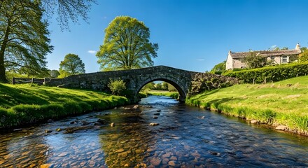 Fototapeta premium A serene countryside view with a stone bridge over a crystal-clear stream, Ai Generated