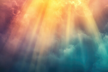 Dramatic cloudscape with vibrant hues and sun rays piercing through, creating a heavenly, ethereal scene.