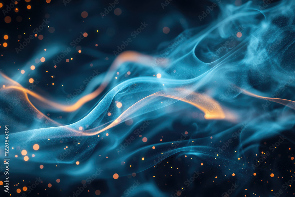 Poster Abstract image of flowing blue and orange smoke with glowing particles, creating a dynamic and ethereal atmosphere.