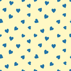 Seamless repeat pattern with navy blue hand drawn doodle hearts on cream background. Simple cute Valentines day background.