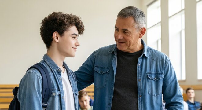 Man in a blue shirt is talking to a young man