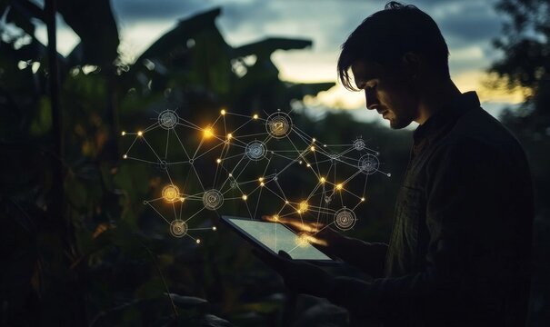 Businessman Using Digital Tablet to Connect Global Network with IoT Technology Icons, Internet of Things Concept, Illuminated Interactive Display, Evening Setting, Innovation and Connectivity Theme, - Powered by Adobe