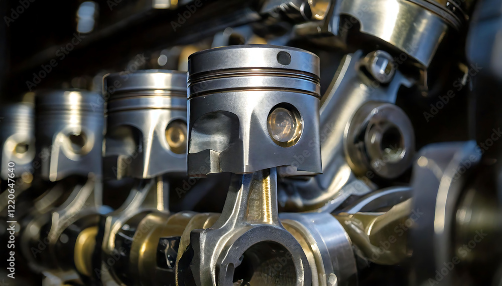 Poster close-up of gleaming engine pistons and connecting rods. high-detail image showcasing intricate mech