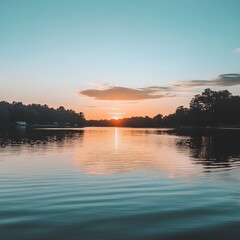 Fototapeta premium Serene Sunset Over Lakeside in America with Silhouetted Trees
