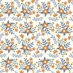 Colorful Floral Pattern with Leaves, Cute Small Flowers on Seamless Background