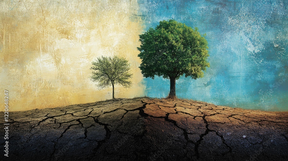 Poster symbolic landscape illustrating the contrast between life and desolation depicted by two trees on an