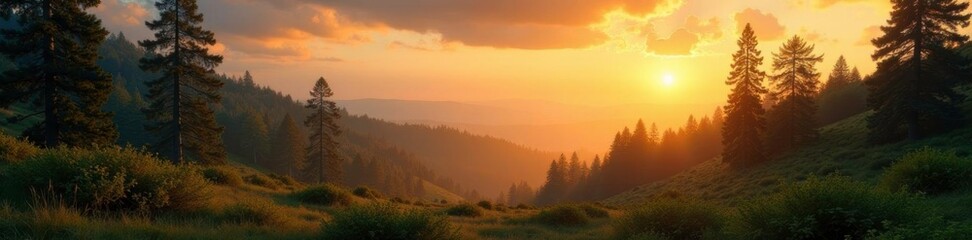 Naklejka premium Forest landscape bathed in warm golden light at dawn, clouds, bushes
