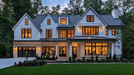 Fototapeta premium A fashionable farmhouse exterior with oversized windows that capture forest views and enhance the evening ambiance.