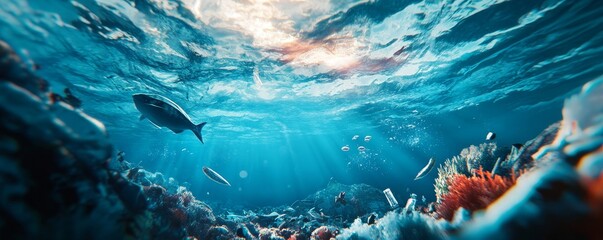 Underwater view of ocean pollution with plastic waste and discarded trash affecting marine life, highlighting the environmental issue of water contamination, Generative AI