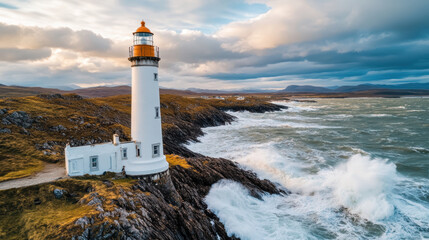 Fototapeta premium high angle view of historic lighthouse standing on rugged coastal cliffs, surrounded by crashing waves and dramatic skies, evoking sense of resilience and natural beauty