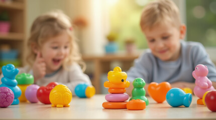 Colorful plastic toys on wooden table with children in background, childhood, games, kindergarten
