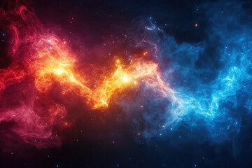 Naklejka premium Abstract cosmic artwork depicting fiery orange and cool blue nebulae colliding in space.