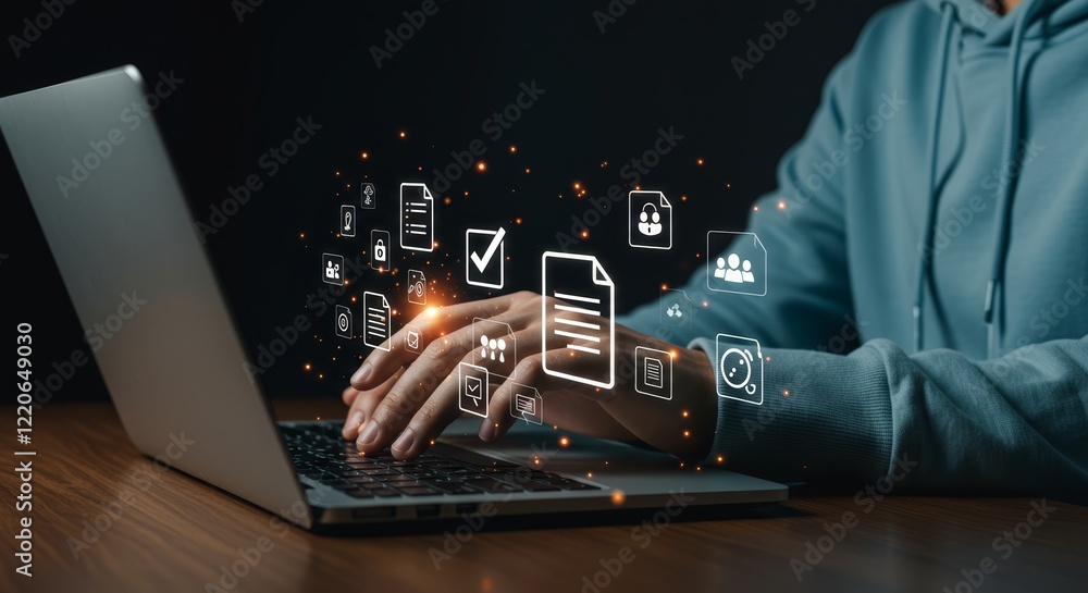 Poster digital document management action home office technology content dark environment close-up viewpoin