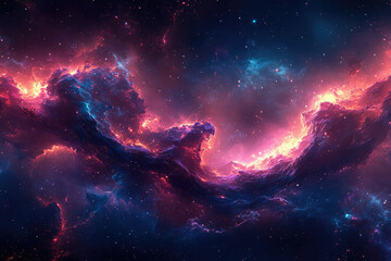 Fototapeta premium A vibrant nebula swirls in deep space, showcasing fiery orange and cool blue hues amidst a star-studded expanse.