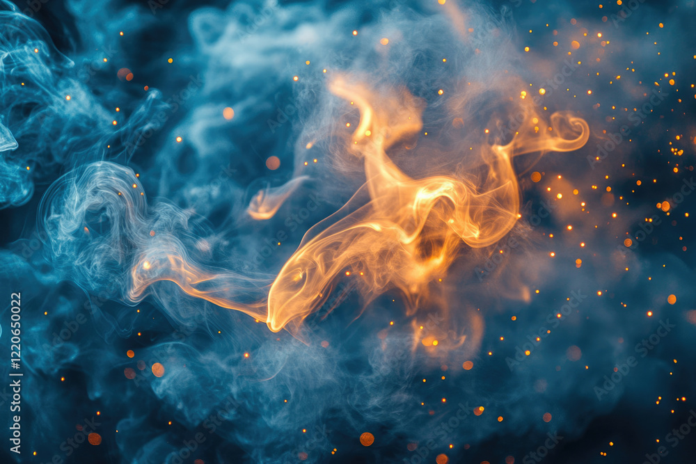 Aufkleber abstract image of swirling blue and orange smoke with golden sparks, creating a mystical and etherea