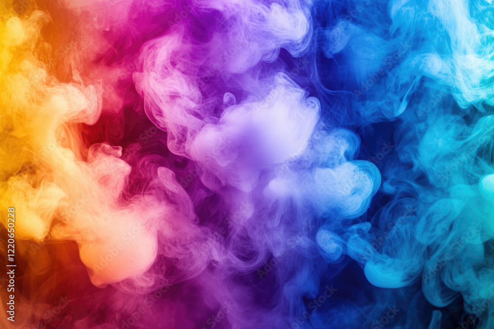 Poster abstract image of vibrant, colorful smoke swirling in a dark background, creating a mesmerizing visu